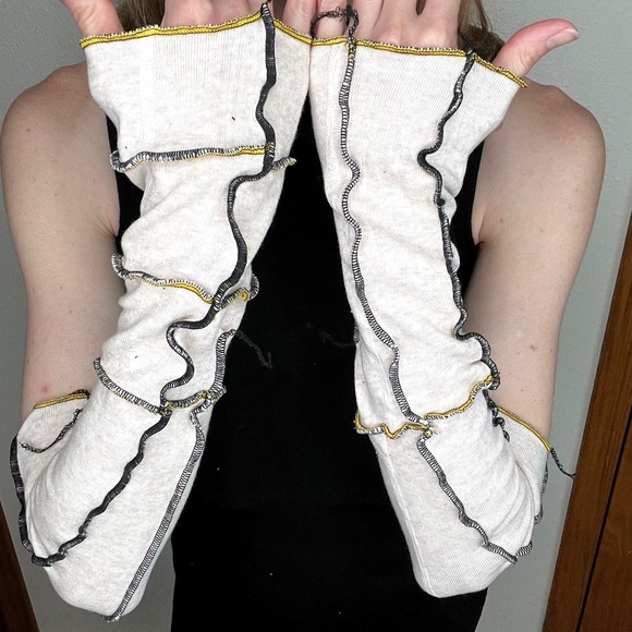 Mummy Bandage Gloves Brown Lace Up Arm Warmers Patchwork Grunge Upcycled Mens - Picture 1 of 7